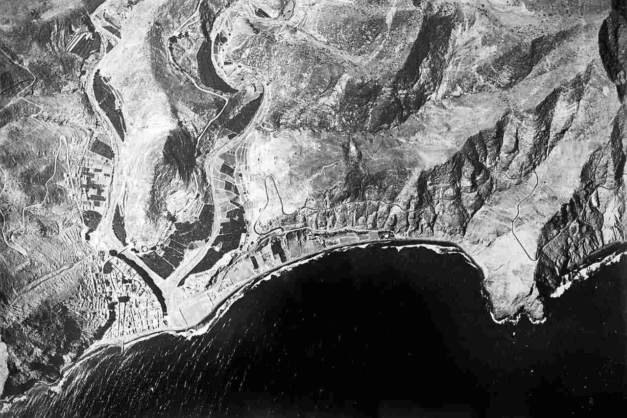 Vista aérea del Valle de Las Huertas, San Andrés, en 1970, con los bancales agrícolas en plena producción.